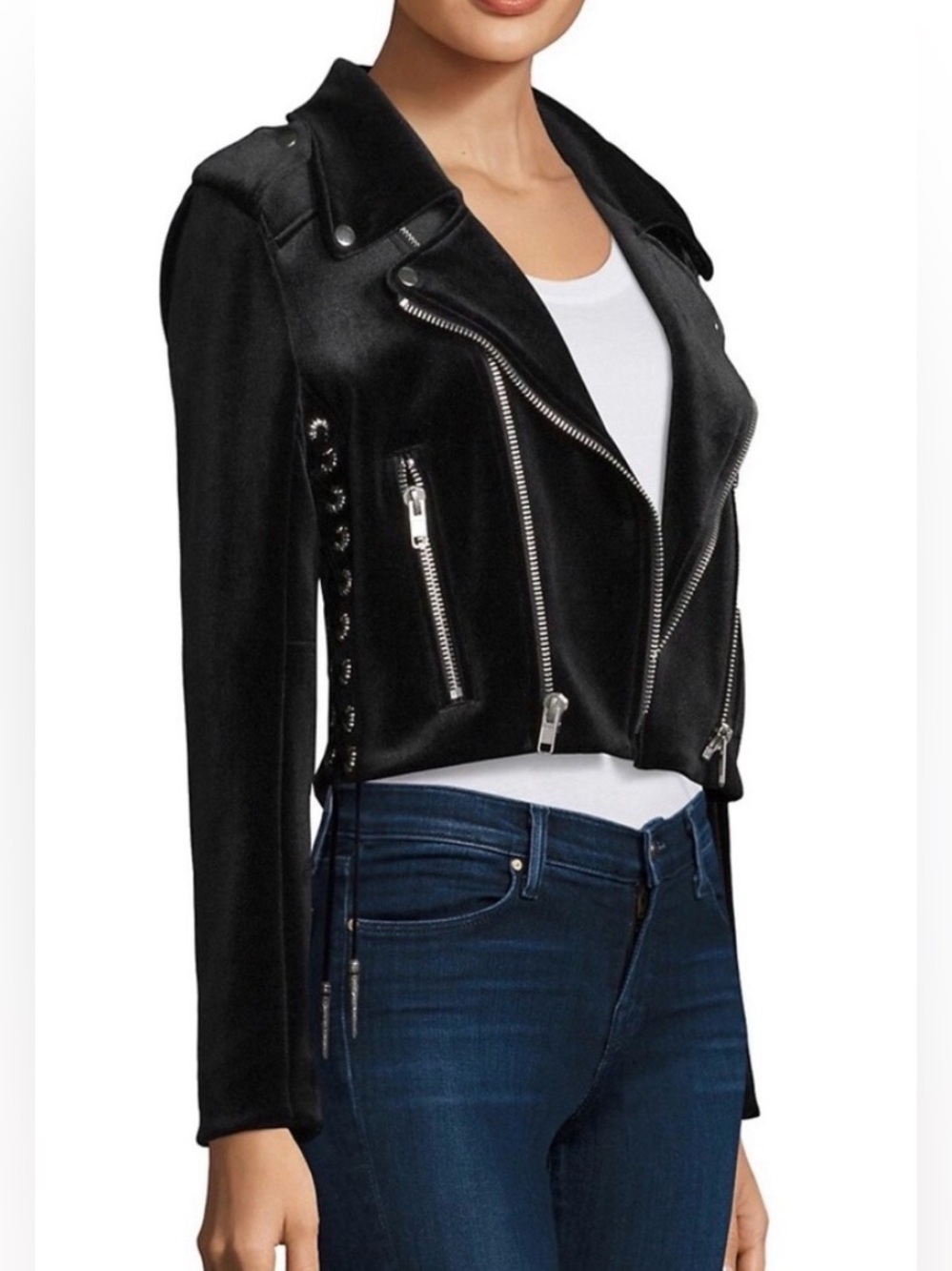 The Kooples Black Velvet Moto Jacket with Silver Zippers